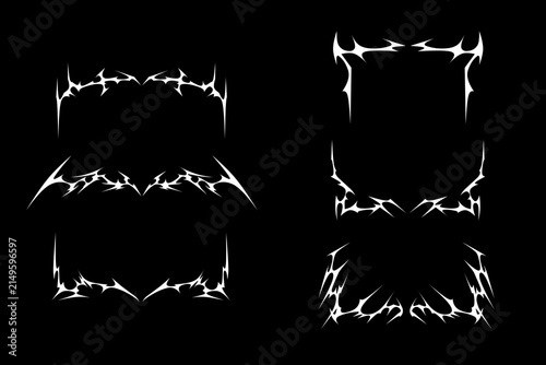Set of neo tribal frames, cyber gothic style black white symmetrical shape, dark abstract sharp spikes borders. cyber sigilism headers vector design elements