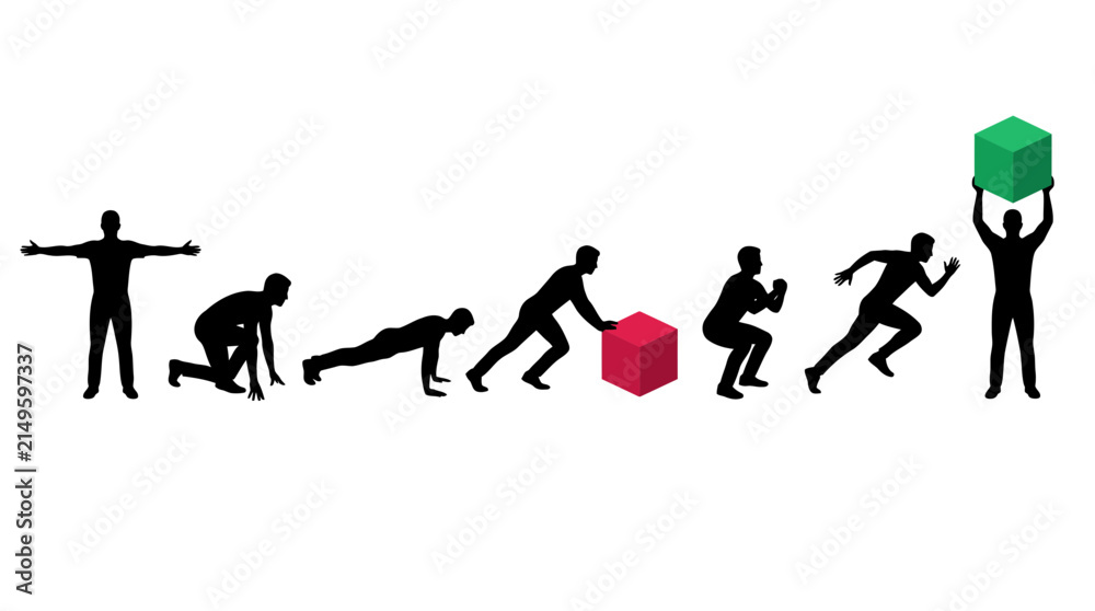 Obraz premium Silhouettes of diverse active men performing fitness exercises and moving colored cubes across white background