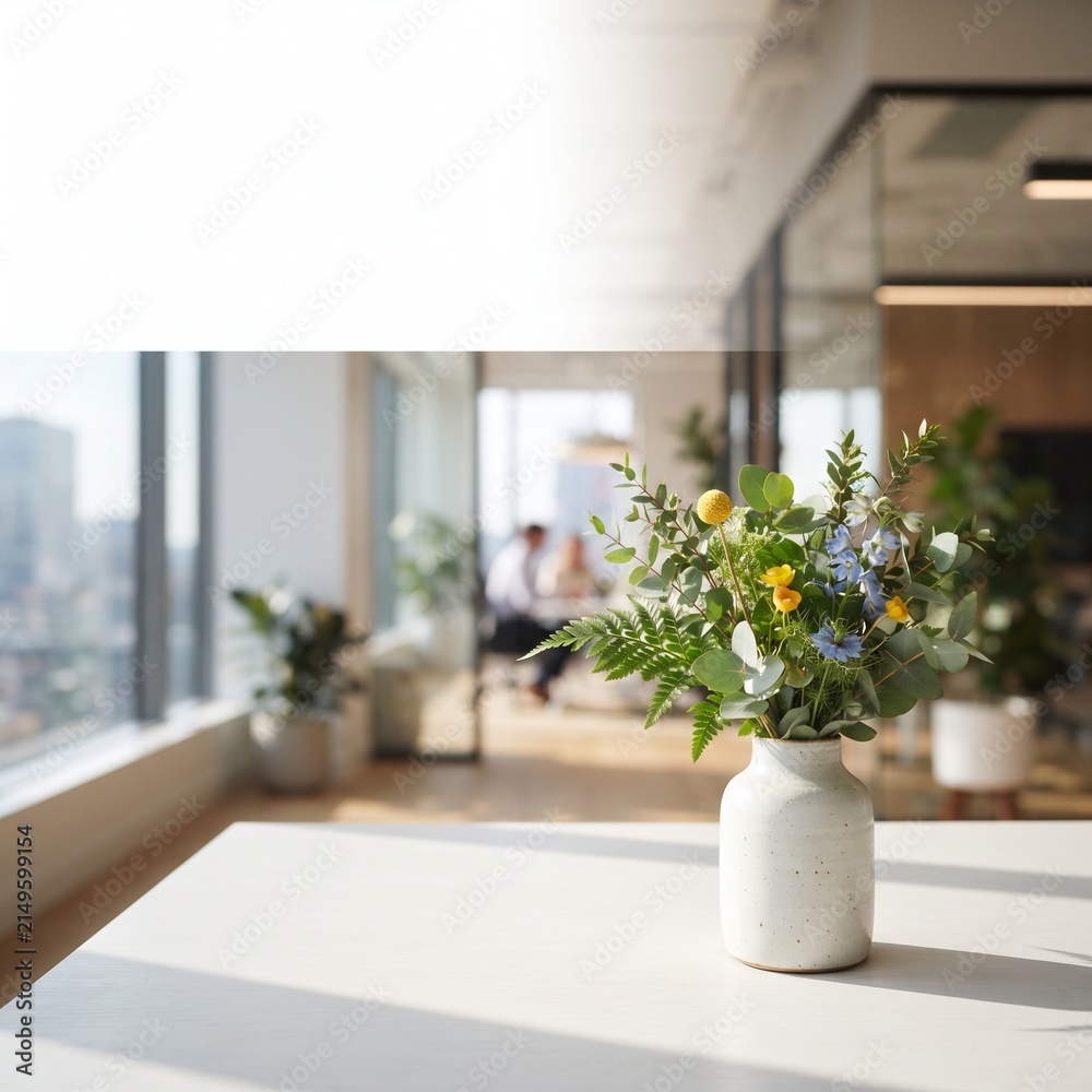 Fototapeta premium A vase of fresh wildflowers sits on a table in a sunlit office, with blurred figures and cityscape visible through glass walls in the background.