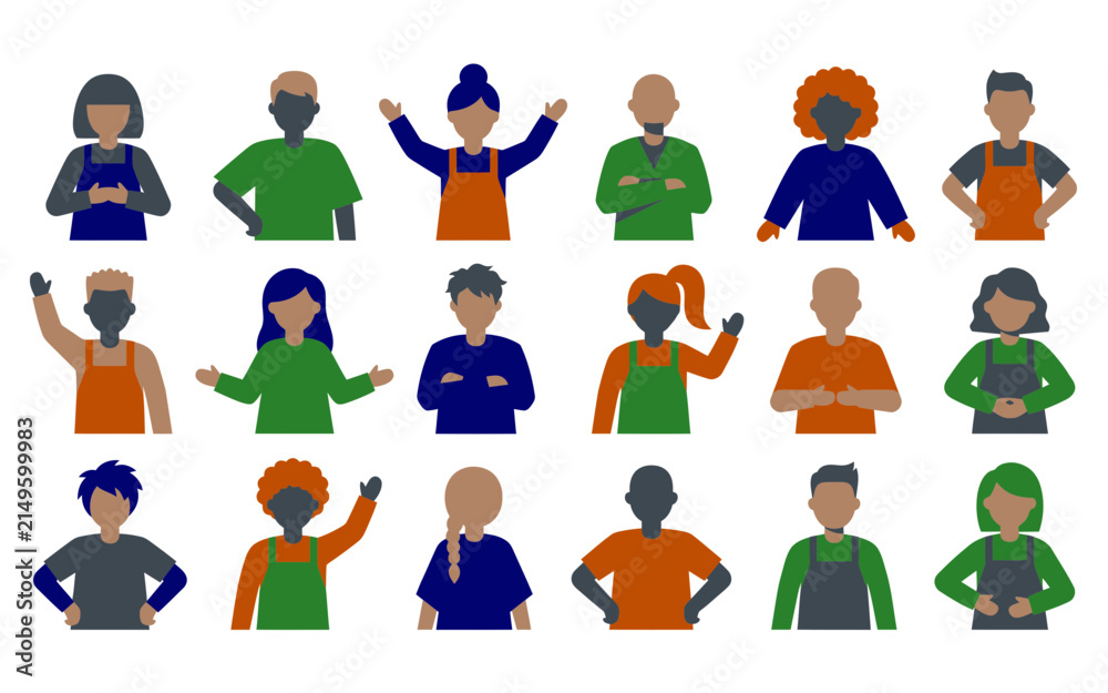 Fototapeta premium Diverse group of flat avatars with various poses and hairstyles colorful vector illustration
