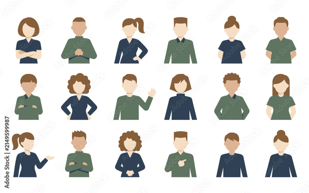 Fototapeta premium Diverse group of flat avatars with various hairstyles on a white background