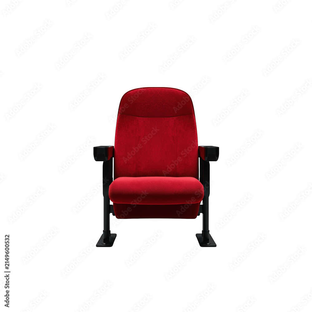 Obraz premium Single red velvet cinema theater seat with armrests and cup holder isolated on black background, for experience isolated on a transparent background