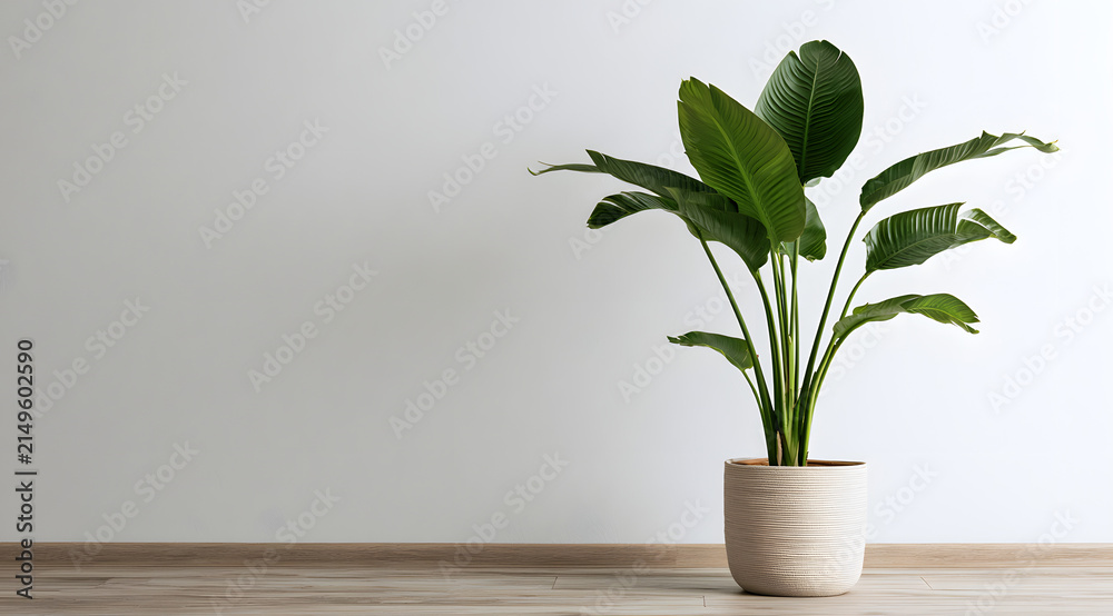 Fototapeta premium The plant, with its extensive foliage, rests near a white wall, taking up space