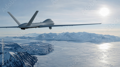 Unmanned Aerial Vehicle soaring over vast, frozen Arctic landscape with snowy mountain peaks and icy waters under bright sun, showcasing military surveillance and reconnaissance technology