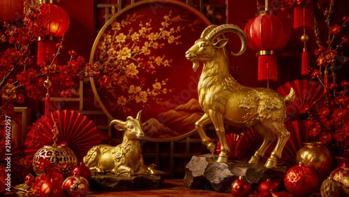 Golden Goat Sculptures Amidst Traditional Chinese New Year Decorations with Red Lanterns and Blossoming Plum Flowers for Festive and Auspicious Lunar Celebration Background