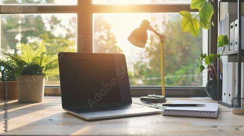 Minimalist workspace with laptop and notebook, soft natural window light, large copy space.