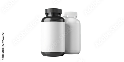 Two plastic supplement bottles with blank labels standing together isolated on a solid black studio background isolated on a transparent background
