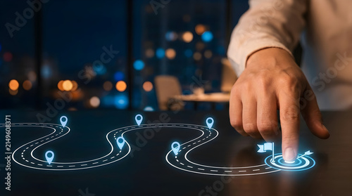 Hand touching digital roadmap hologram with location pins representing business journey and strategic planning concept