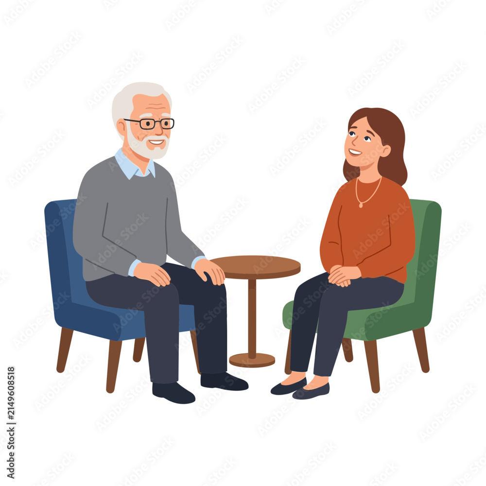Fototapeta premium Senior Man and Young Woman Having a Friendly Conversation While Sitting on Chairs