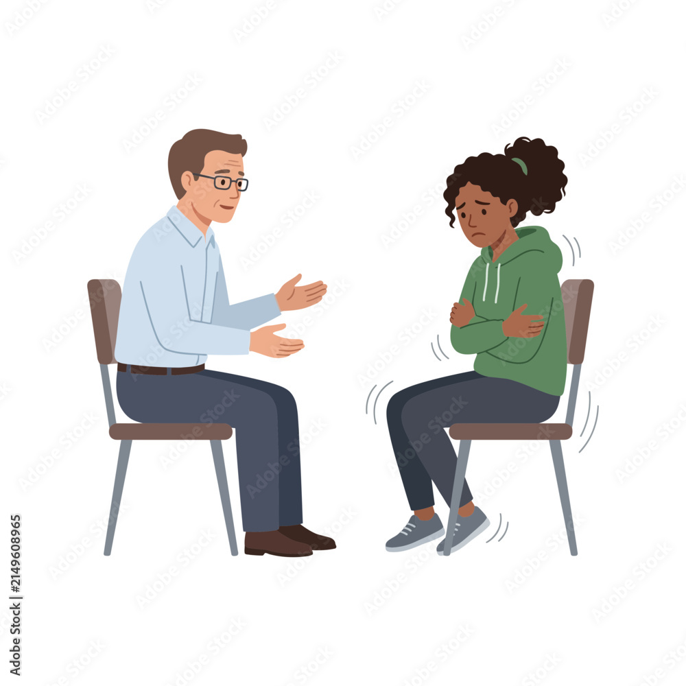 Fototapeta premium Psychologist Providing Emotional Support and Counseling to a Young Girl Feeling Anxious and Trembling