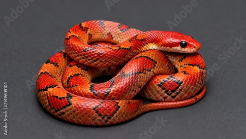 Full body shot of a red-orange corn snake coiled on a dark charcoal background