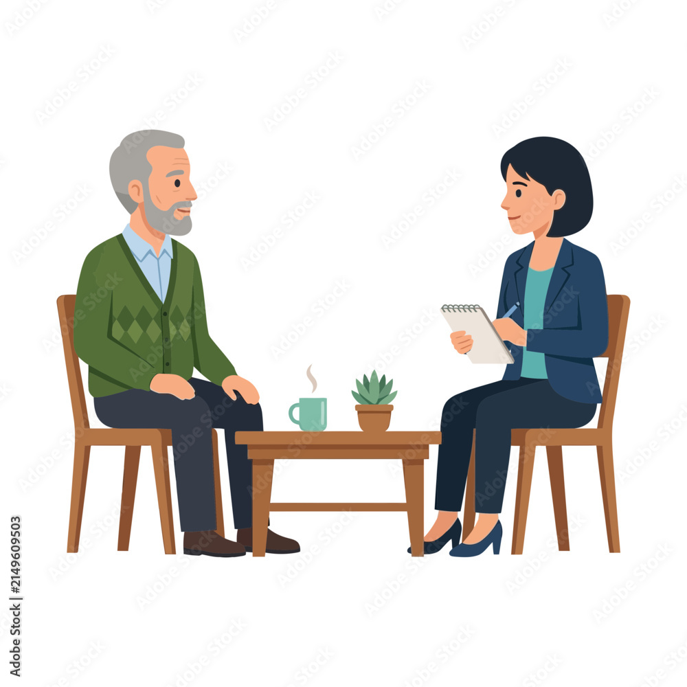 Obraz premium Elderly Man Participating in a Professional Consultation Interview with a Female Financial Advisor or Therapist