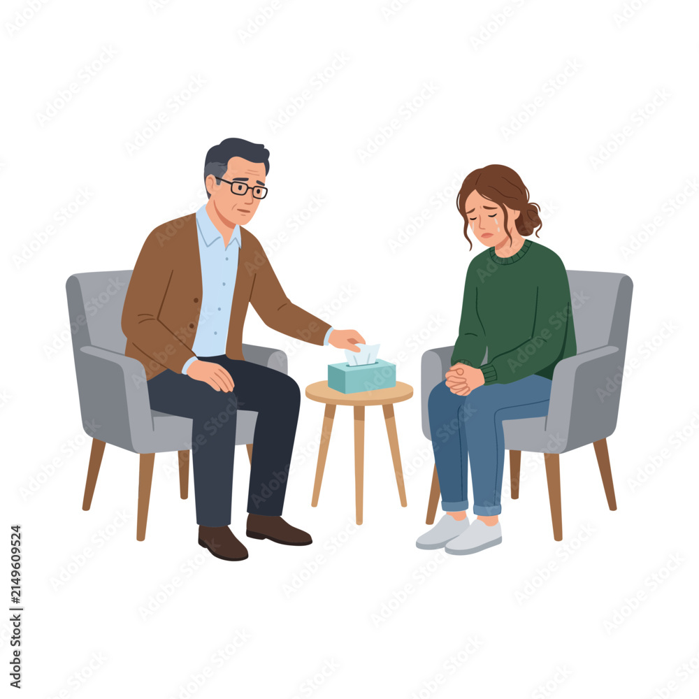 Obraz premium Psychologist Providing Emotional Support and Counseling to a Sad Young Woman During a Mental Health Therapy Session