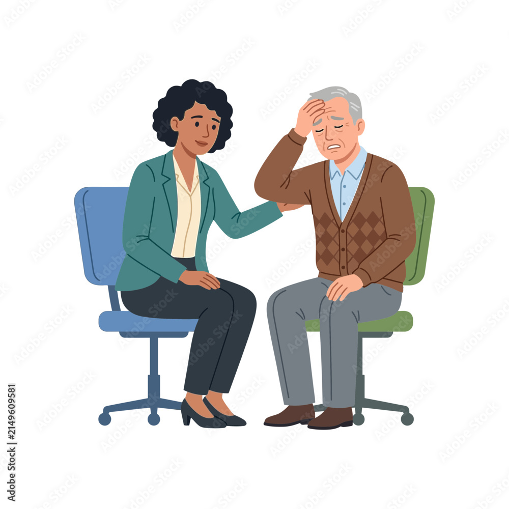 Fototapeta premium Professional Psychologist Offering Compassionate Support and Counseling to a Stressed Elderly Male Patient