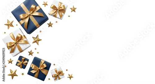 Elegant blue and white holiday gift boxes with gold stars on white background.
