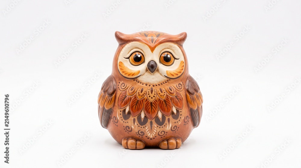 Fototapeta premium Cute ceramic owl figurine with intricate brown and orange feather details and large expressive eyes on a white background
