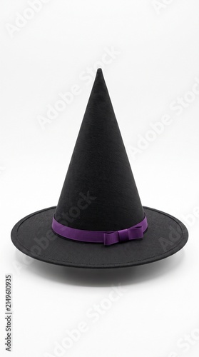 Classic Black Witch Hat with Purple Ribbon and Bow for Halloween Celebrations and Costume Parties
