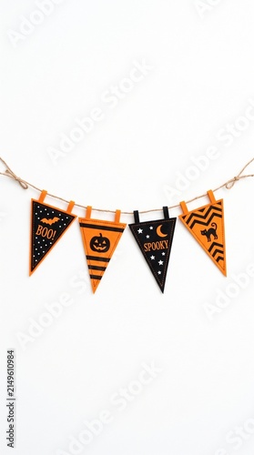 Festive Halloween pennant banner with pumpkins bats and spooky messages for seasonal decor