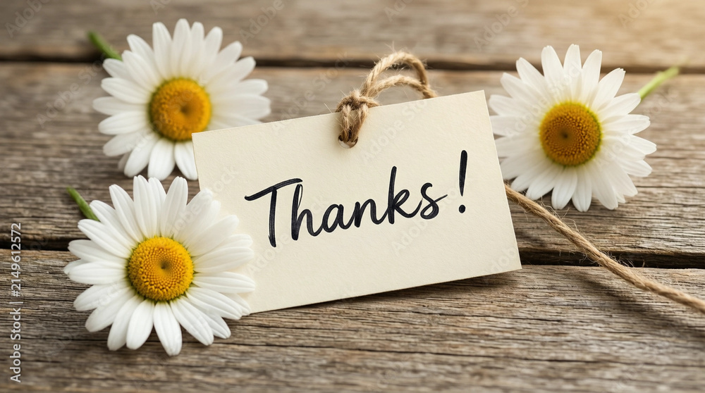 Obraz premium Handwritten thanks note with daisies on rustic wooden background for gratitude or appreciation message