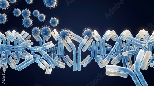 West Nile Virus Particles Being Neutralized by Human Antibodies in Microscopic View