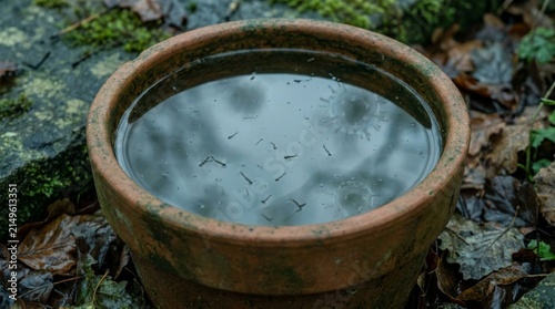 Mosquito larvae in standing water in garden pot representing West Nile Virus health risk