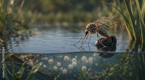 Close-up of a mosquito laying eggs in stagnant water with West Nile virus visualization