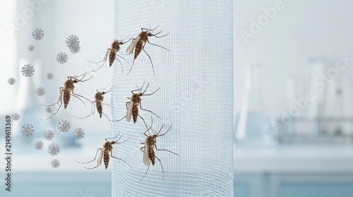 West Nile Virus concept with mosquitoes and viral particles in a medical laboratory setting