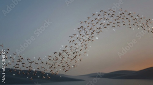 Swarm of mosquitoes flying over water representing West Nile virus transmission risk