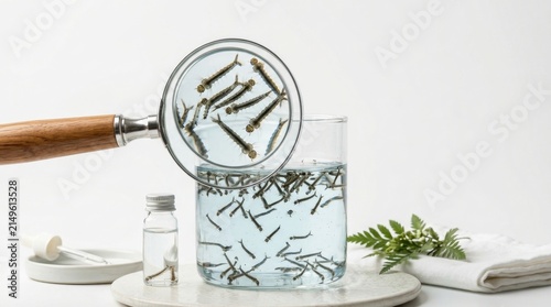 Mosquito Larvae in Water Sample Examined Under Magnifying Glass for Disease Control Research