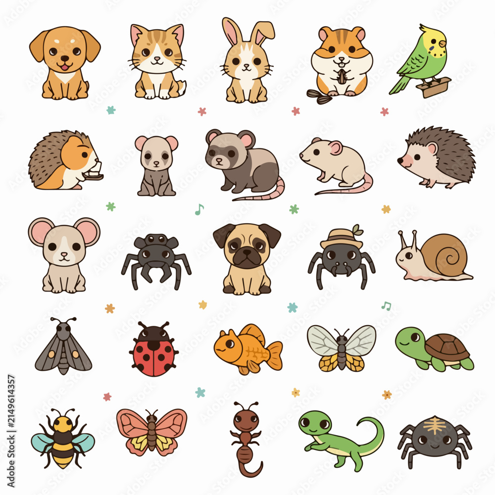 Fototapeta premium Set of cute cartoon animals and insects sticker collection.