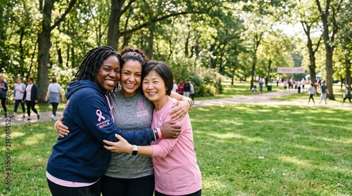 Diverse women embrace in park during breast cancer awareness walk supporting hope and community