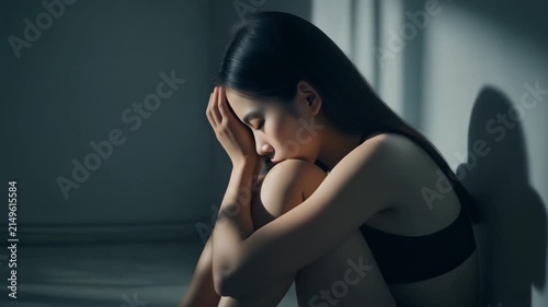 暗い室内で20代女性が膝を抱えて床に座り両手で頭を押さえながら孤独に沈む様子