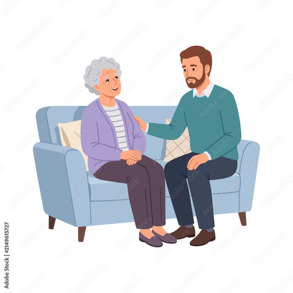 Obraz premium Young Man Comforting Senior Woman Sitting Together on a Sofa at Home