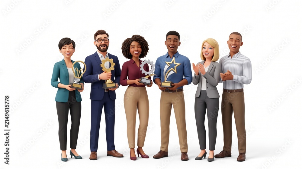 Obraz premium Diverse team celebrates success holding trophies and awards