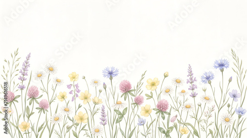 Watercolor wildflower border background with delicate horizontal meadow flowers, floral frame illustration