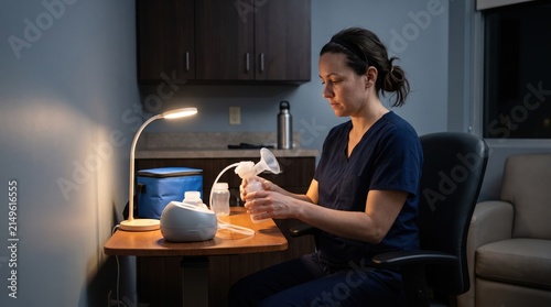 Nurse uses breast pump in dimly lit room at night
