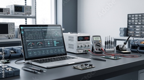 Modern electronics workstation with diagnostic tools and laptop in professional engineering laboratory environment
