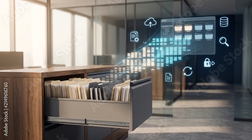 Digital transformation concept of paper documents in office filing cabinet drawer converting into virtual cloud database storage