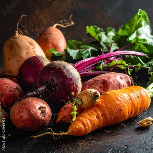 assorted fresh raw root vegetables including beetroot, carrots, and sweet potatoes on dark rustic background