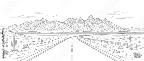 Desert road stretching towards distant mountains, line art