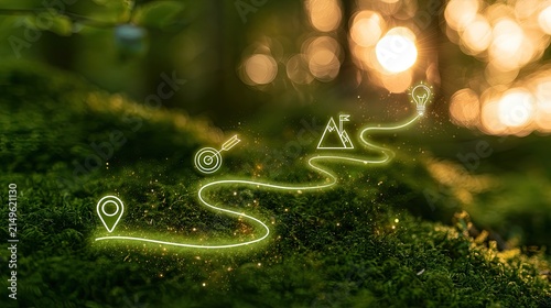 Glowing path with goals on mossy ground, sunlight through trees