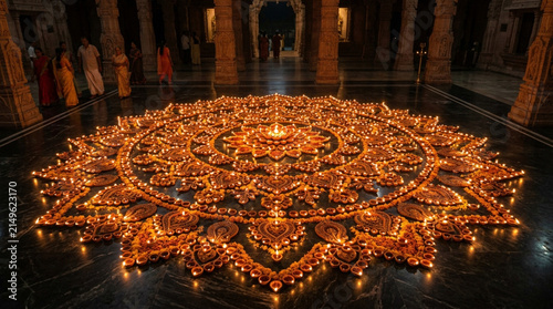 A beautiful glowing display of diyas celebrating the festival of diwali