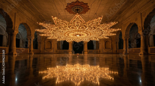 A stunning golden chandelier illuminates a beautifully decorated space for diwali