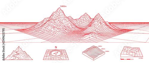 Wireframe 3D Mountain Topography Map Illustration