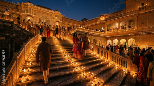 A stunning diwali celebration illuminates an ancient fort with warm light