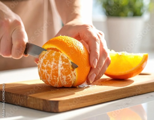 Woman hands peeling fresh orange with knife on wooden cutting board, healthy food preparation, vitamin c, summer lifestyle