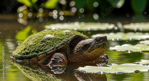Snapping turtle emerging from shallow pond
