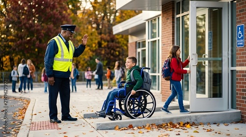 Guard greets boy in wheelchair outside school during fall season with students walking