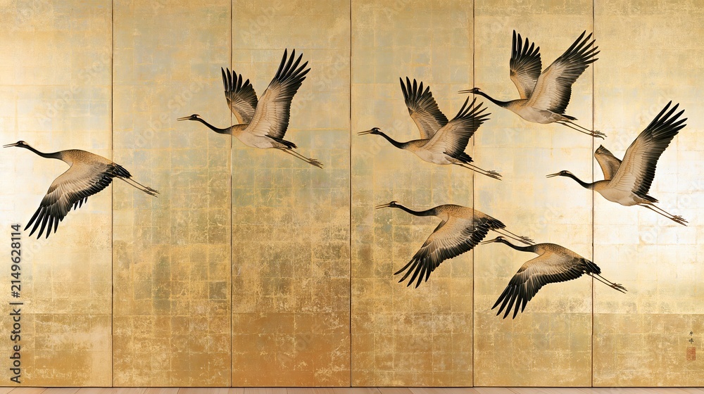 Naklejka premium Traditional Japanese Style Painting of Flying Cranes on Gold Leaf
