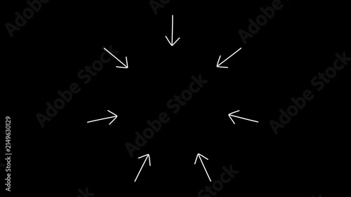 Icon arrow animation, many arrows pointing center. White line isolated black background.